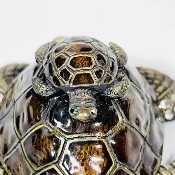 Turtle with Baby Turtle Shaped Ceramic Hinged Trinket Box Porcelain Crystals - Picture 5 of 10